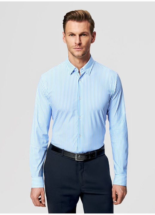 Camasa barbati Pako Lorente Model cu dungi pe toata suprafata Croiala Slim Fit Tricot elastic Albastru, Albastru