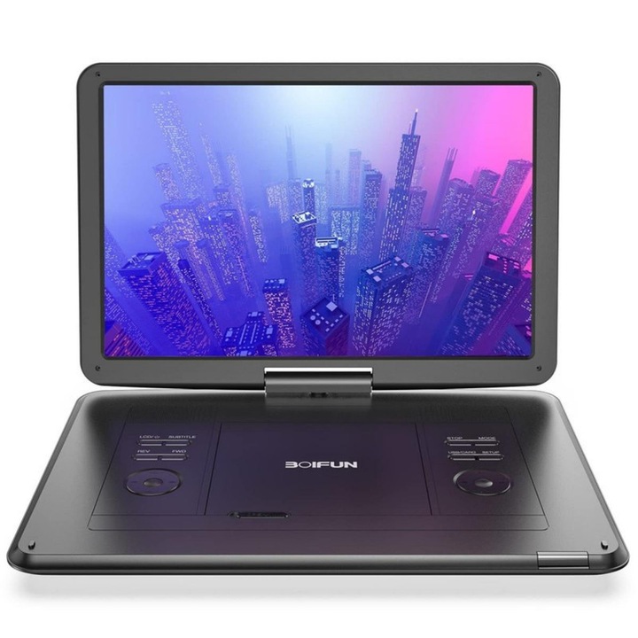 Преносим DVD плейър BOIFUN 15.6", въртящ се HD екран на 270°, презареждаема батерия 6 часа, поддръжка на множество формати, черен