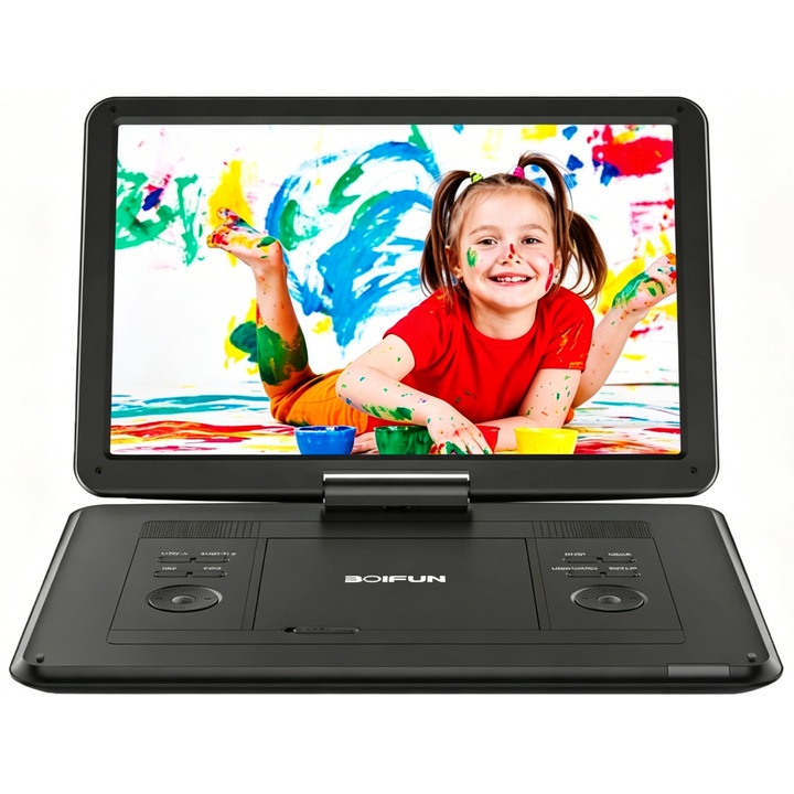 Player DVD Portabil BOIFUN de 17.5" cu Ecran HD Mare de 15.6", ecran HD rotativ 270°, Baterie Reincarcabila 6 Ore, Suporta USB/Card SD/Sincronizare TV si Multiple Formate de Disc, Difuzor cu Sunet Puternic, Negru