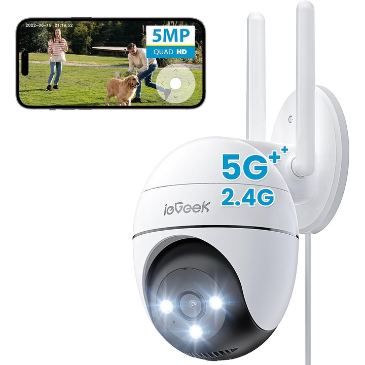 WiFi външна камера за наблюдение ieGeek 5MP, 15м цветно нощно виждане, детекция на хора, двупосочно аудио, IP65, 355 PTZ