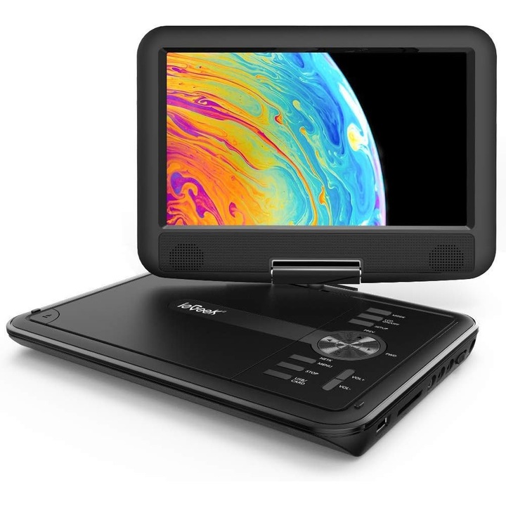 DVD плейър ieGeek 9.5", Преносим, защитен екран за очи, 5 часа автономна работа, поддържа USB/SD, пълен комплект, черен