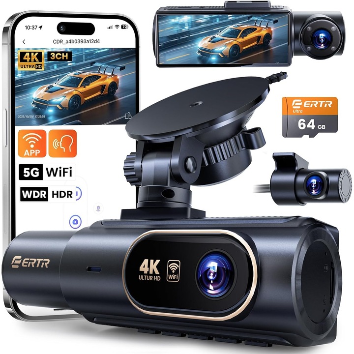 Camera auto DVR 4K cu 3 canale, fata 4K Ultra HD + interior, spate 1080P Full HD, Wi-Fi 5GHz, aplicatie mobila, viziune nocturna WDR avansata, unghi ultra-larg 170°, senzor G, inregistrare Loop, camera marsarier inclusa, card MicroSD 64GB