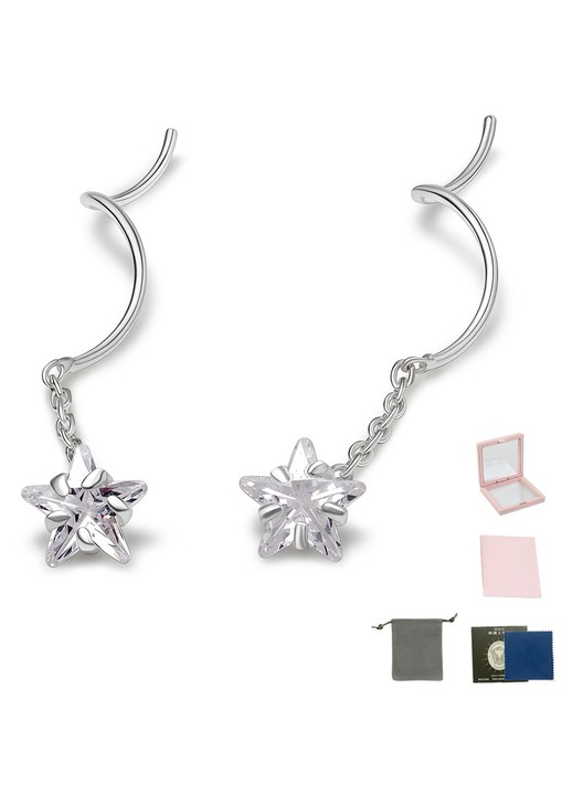 Hosszú fülbevaló ötszögletű csillaggal, cirkónia hullám mintával, 925-ös ezüst, hipoallergén, méret: 4,9 x 40 mm, ezüst