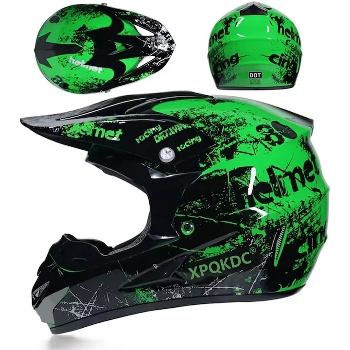 Set Cască Motocross XPQKDC, Negru Mat, Mărime L, include Ochelari de Protecție și Mănuși