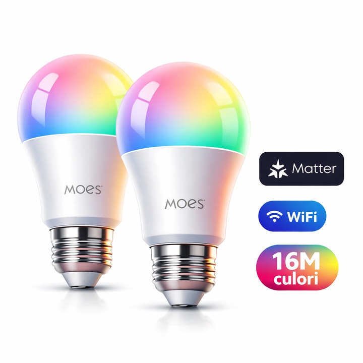 Комплект от 2 интелигентни крушки MOES® E27 A60, Matter over WiFi, RGB 16 милиона цвята, 9W 806lm, 2700K-6500K регулируеми, съвместими с Alexa, Google Home, Apple HomeKit, димируема интелигентна WiFi крушка