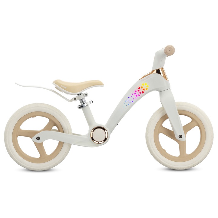 Bicicleta Fara Pedale Pliabila Pentru Copii Aurum, Roti Spuma Pu 12 Inch, Cadru Cu Led, Usoara, Bej Crem