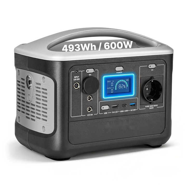 Stație de energie portabilă, 600W, 493Wh, 7 porturi, negru, 275x175x230mm