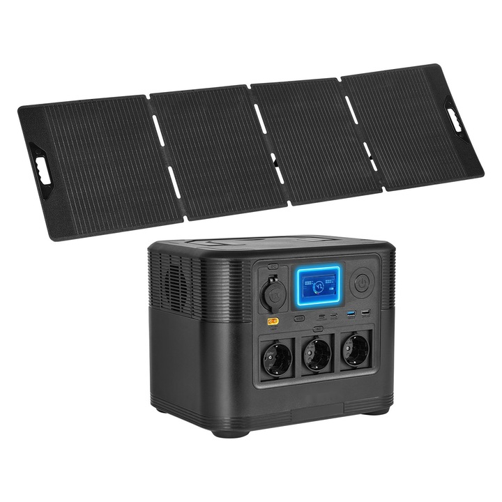 Generator solar portabil, 806Wh, 1200W, panou solar 200W inclus, 9 porturi de iesire, verde, dimensiuni 290x220x230mm