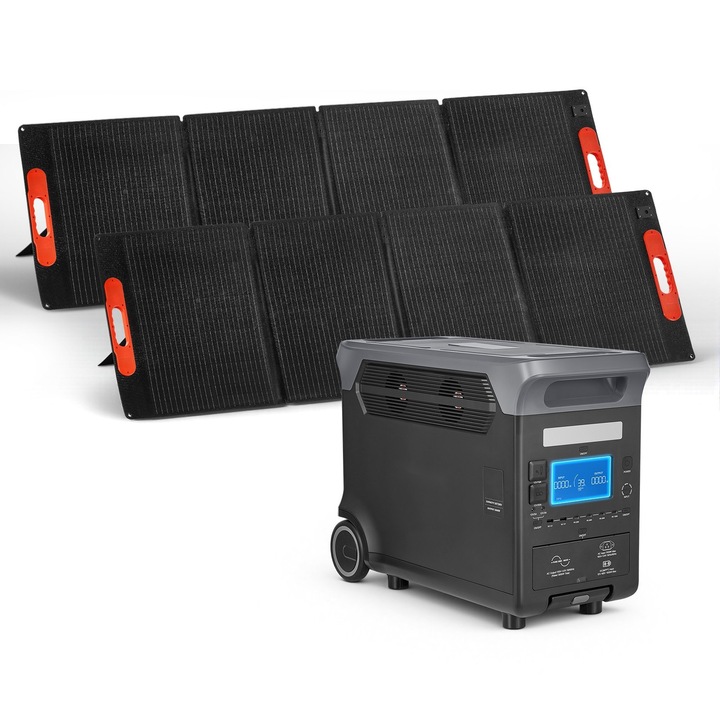 Generator solar portabil 3000W, capacitate 3072Wh, set 2 panouri solare 200W, verde, 609x294x457mm