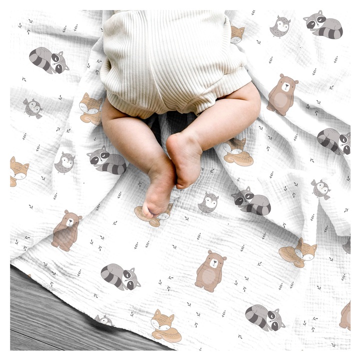 Scutec muselină, Galix, muselină fină, prieteni din pădure, 80 cm x 100 cm