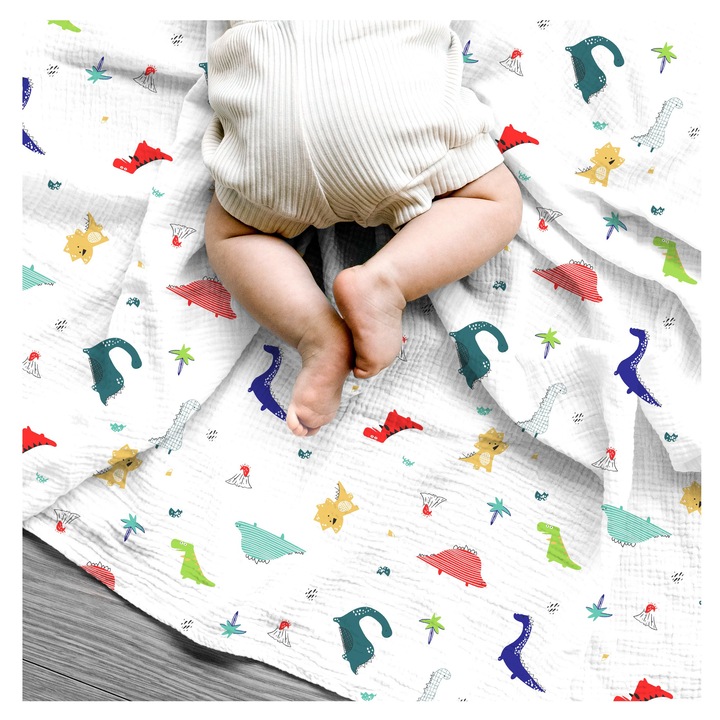 Scutec de muselină, Galix, muselină fină, dinozauri, 80 cm x 100 cm