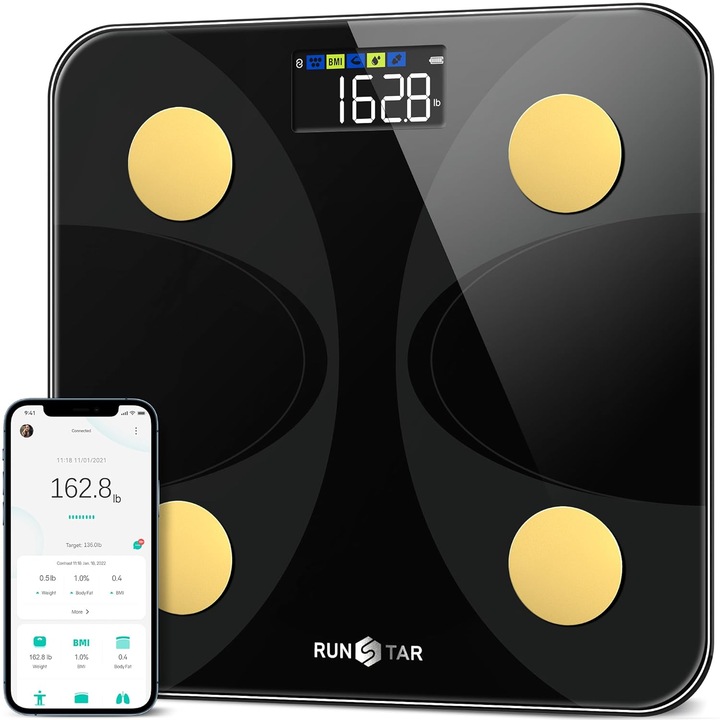 Cantar inteligent RunSTAR, Negru-Auriu, analiza corporala, Bluetooth, 180 kg