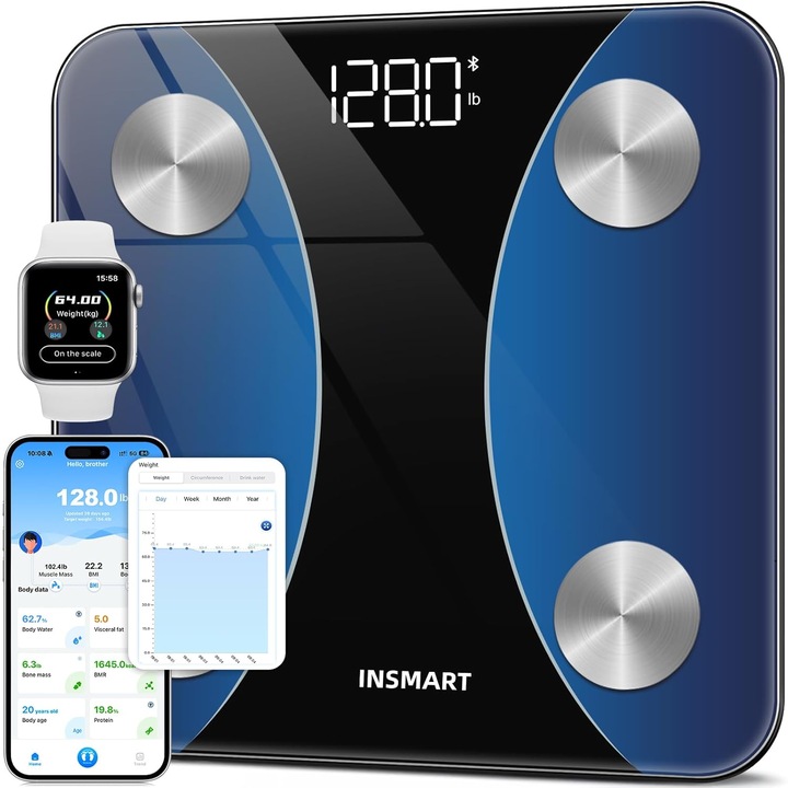 Интелигентна телесна везна INSMART, многоцветна, пълен анализ, Bluetooth, 180кг