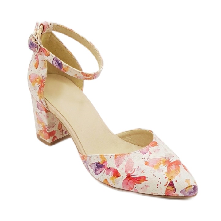 Sandale dama, SandAli, piele naturala, varf ascutit, toc masiv 6 cm, catarama, imprimeu Butterfly Bloom, multicolor