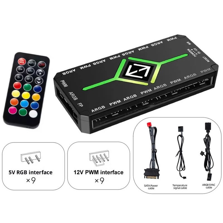 Контролер 2 в 1 ACTIVE, мултипликатор/сплитер за 9 ARGB 5V вентилатора и 9 PWM 12V вентилатора, черен