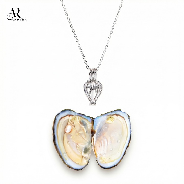 Cadou pentru femei, Set Colier cu Perla Naturala din Scoica, Lantisor Elegant Dama, Perla Reala, Bijuterie cu Surpriza Unica