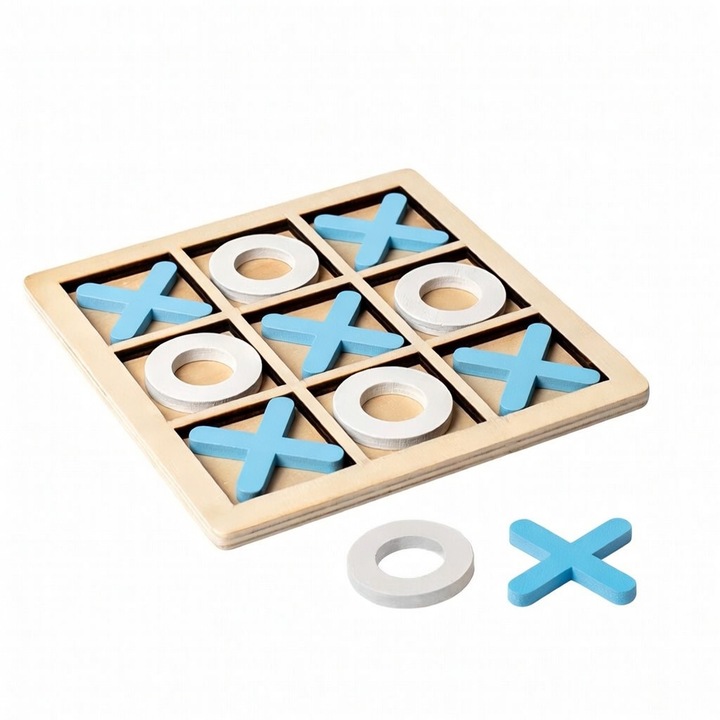 Joc de inteligenta X si O din lemn, PinkBlue, 14.5x14.5x0.5cm, albastru, pentru 3+ ani