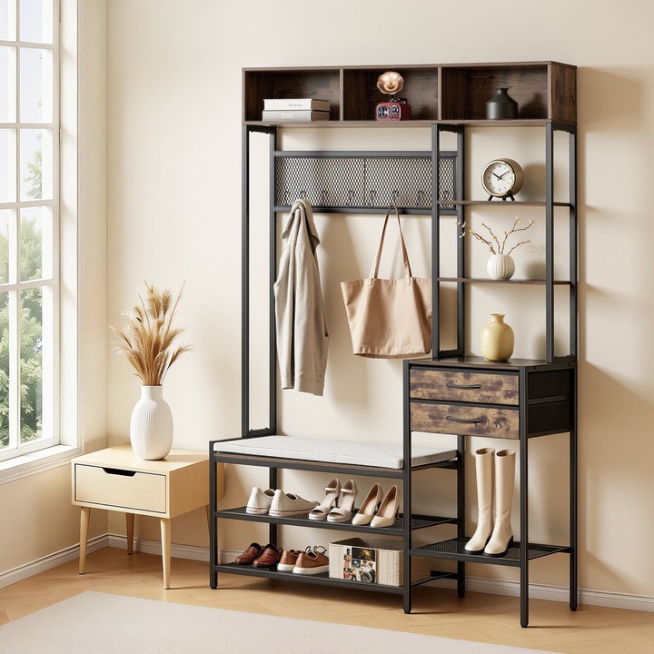 Cuier de hol, Organizator 3‑in‑1, Pantofar cu banca si 2 sertare, Cadru din otel, Raft pentru carti, Raft din plasa metalica, De sine statator, Inaltime 180 cm