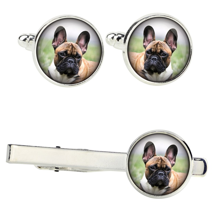 Set butoni camasa si spinka de cravata, Art-Dog, personalizati cu fotografie, argintiu, 14x16mm