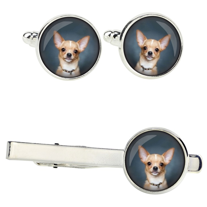 Set butoni camasa si spinka de cravata, Art-Dog, personalizati cu fotografie, argintii, 14mm x 16mm