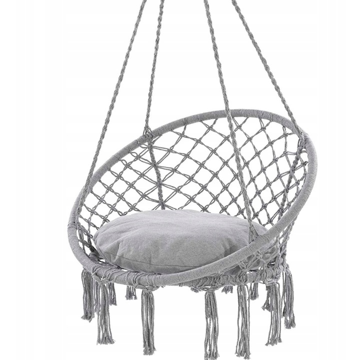 Leagan suspendat tip balansoar, Zola, cu perna, cadru metalic, diametru 80 cm, sezut 60 cm, franghie reglabila 90-115 cm, sarcina maxima 150 kg, gri