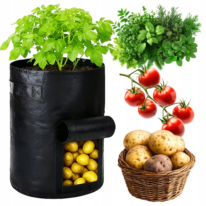 Sac pentru cultivarea cartofilor, Zola, fereastra recoltare, orificii drenaj, manere, polietilena, 34x35 cm, negru