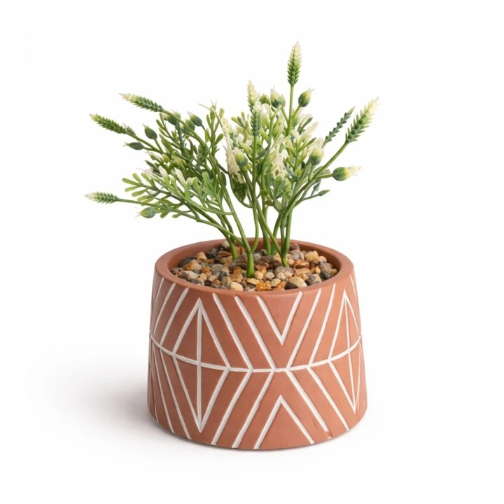 Planta artificiala decorativa 16 cm, in ghiveci ceramic roz cu model alb – design modern