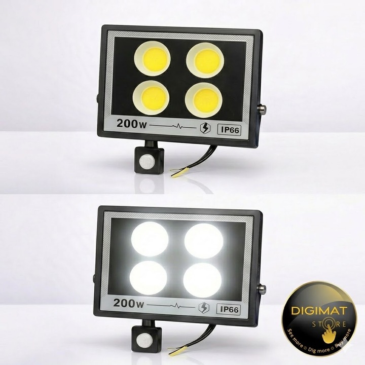 Proiector LED Halogen DIGIMAT® 200W cu senzor IP66 Exterior, 18.000 Lumeni, Lumina Alb Rece 6500K, 220-240 V, Alimentare retea, Carcasa Aluminiu cu Radiator, Reflector Profesional, Teren Sport, Santier, Depozit, Parcare, Hala Industriala, 28 x 20 x 3 cm