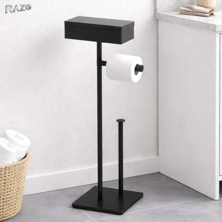 Suport hartie igienica cu stativ si raft RAZO, Metal, Design modern, Stabil, Elegant, Multifunctional, 78, 5x20, 5x12, 5 cm, Negru