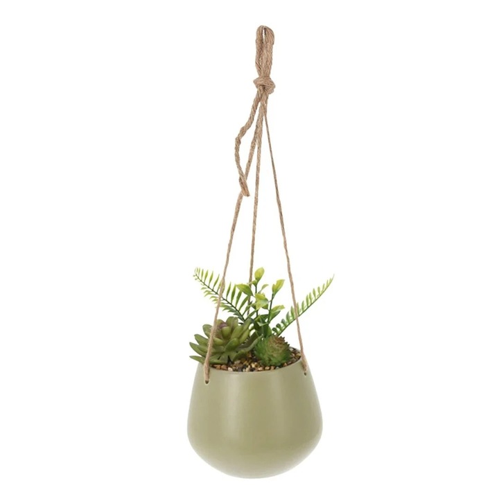 Planta artificiala suspendata cu mix de suculente, in ghiveci ceramic verde 16 cm, cu agatatoare din sfoara