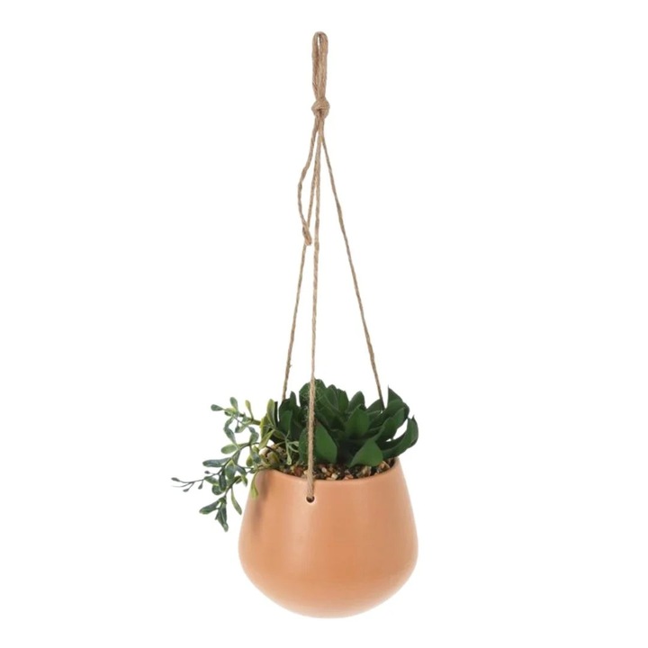 Planta artificiala suspendata cu mix de suculente, in ghiveci ceramic portocaliu 16 cm, cu agatatoare din sfoara