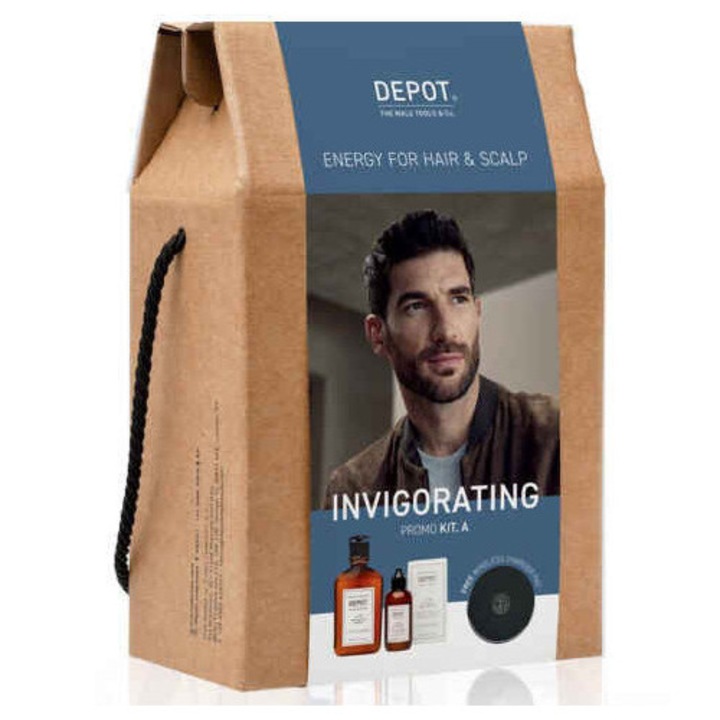 Set cadou DEPOT revigorant pentru ingrijirea parului: Sampon revigorant 250 ml + Lotiune tonica revigoranta, 100 ml + Incarcator wireless