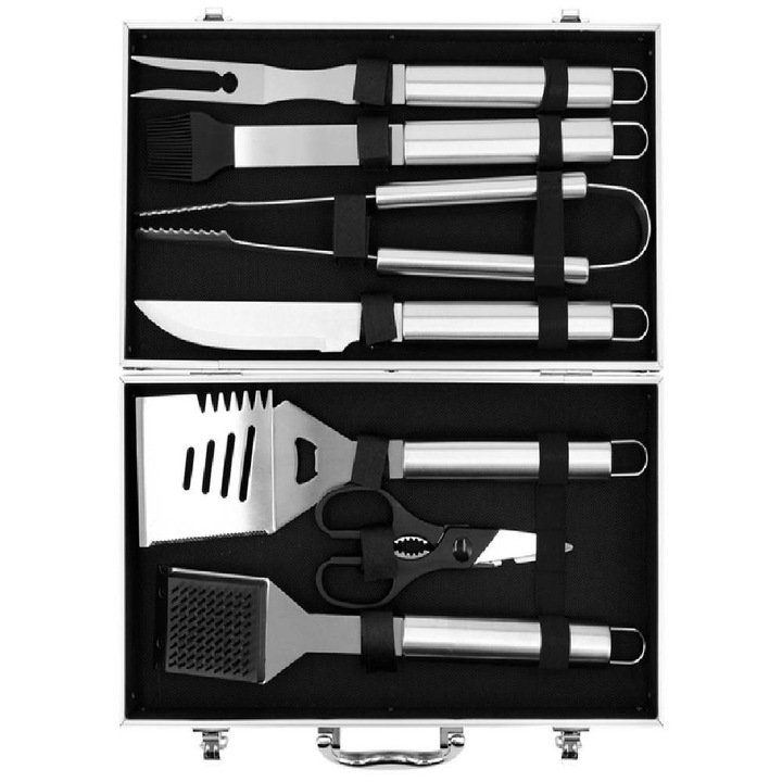 Set 7 ustensile gratar din inox in servieta