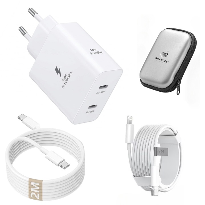Kit Incarcator rapid 45 W cu 2 porturi USB C, 1 cablu de incarcare rapida C-C 2M, 1 cablu USB C-Light 2M, pentru iPhone 17, 16, 14, 13, 12, geanta protectie eva bag, Alb