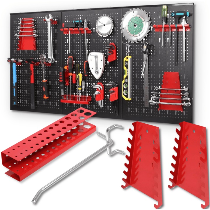 Tabla de unelte 3 piese, 120x60cm, 25 suporturi metalice, pentru garaj sau atelier