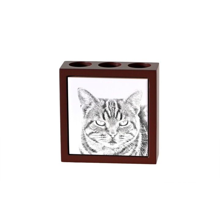 Suport birou personalizat, Art-Dog, 3 locuri pentru pixuri, lemn, 13x13x4.5cm, cu imprimeu de pisica