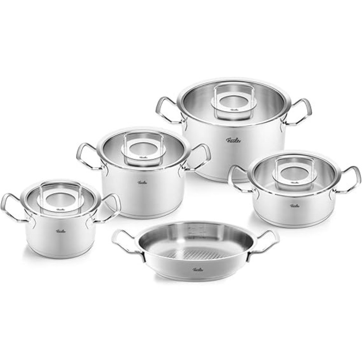 Set cratite din otel inoxidabil Fissler Original Profi Collection, 5 piese, cu capace din sticla (3 cratite, 1 oala pentru tocatura, 1 tava pentru servire) – pentru inductie