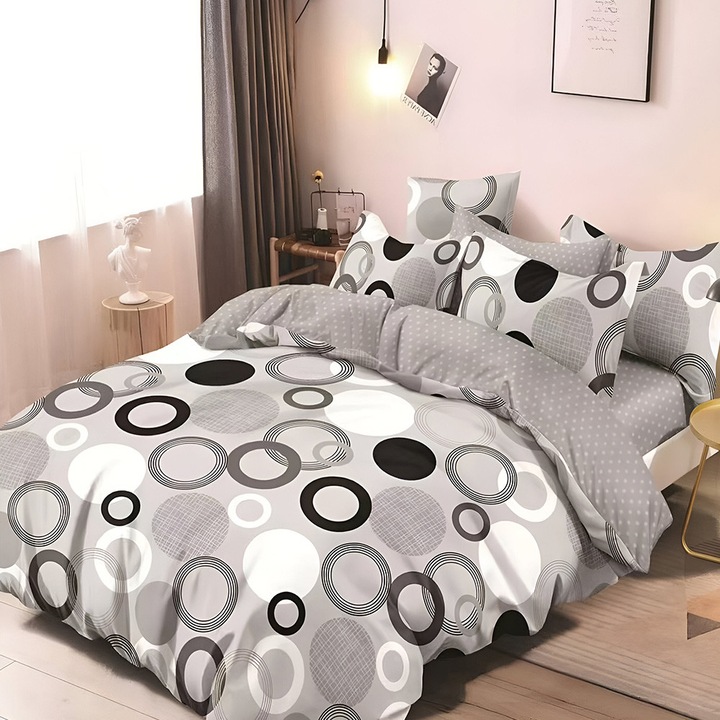 Спално бельо EmonaMall S18477, Двулицево, 4 калъфки, 6 части, Сив/Черен