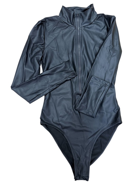 Body negru cu maneca lunga, cu aspect de piele, cu jumatate de fermoar, poliester, masura XS