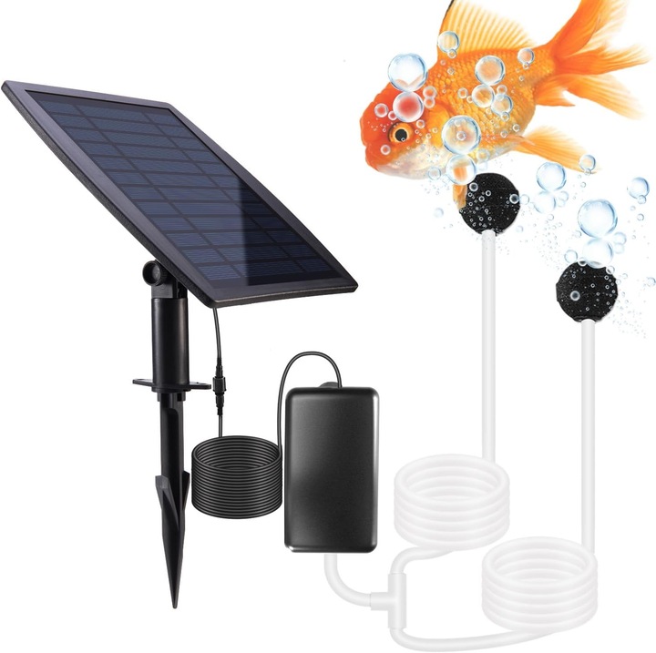 Pompa de aer solară Dnntunk, 2.5W, 1L/min, 21x17.8x7.4cm, cu 2 pietre de aer