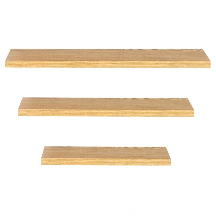 Set 3 rafturi plutitoare decorative de perete, din MDF cu suport metalic, 30, 45 si 60 cm, maro