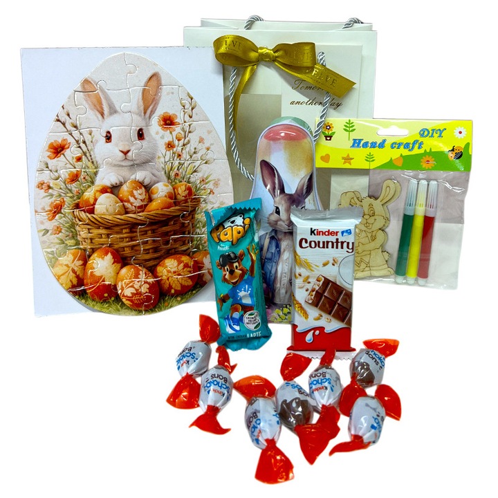 Set cadou Paste Bunny Paint Joy pentru copii cu iepuras, dulciuri, puzzle si set creativ DIY, in punga cadou, Velve