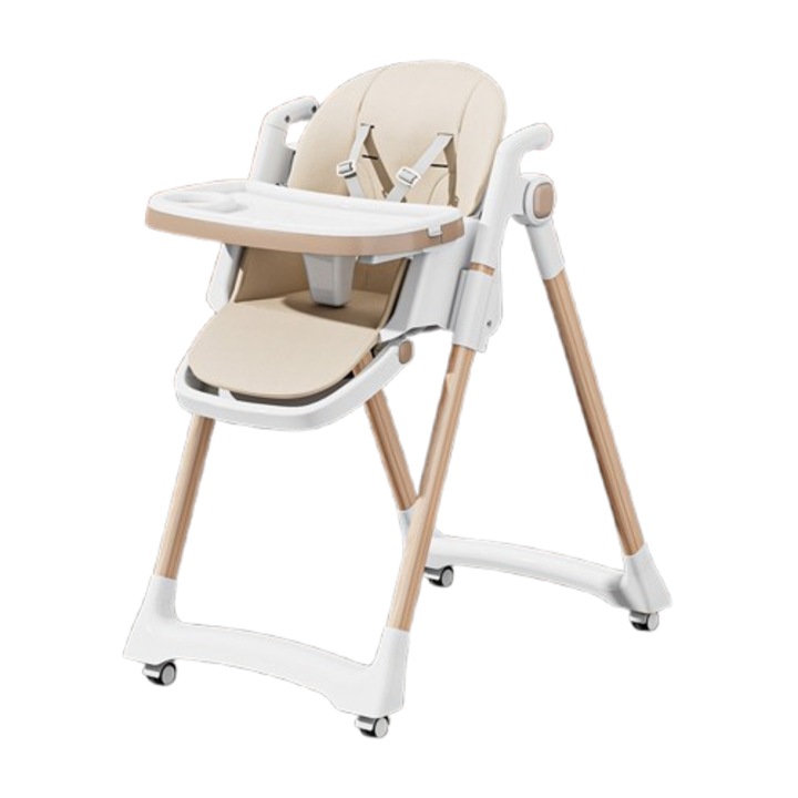 Scaun de masa pentru copii Little Mom Wood beige, structura metalica triunghiulara, pliabil, cu spatarul si tavita ajustabile, husa detasabila, roti cu blocare