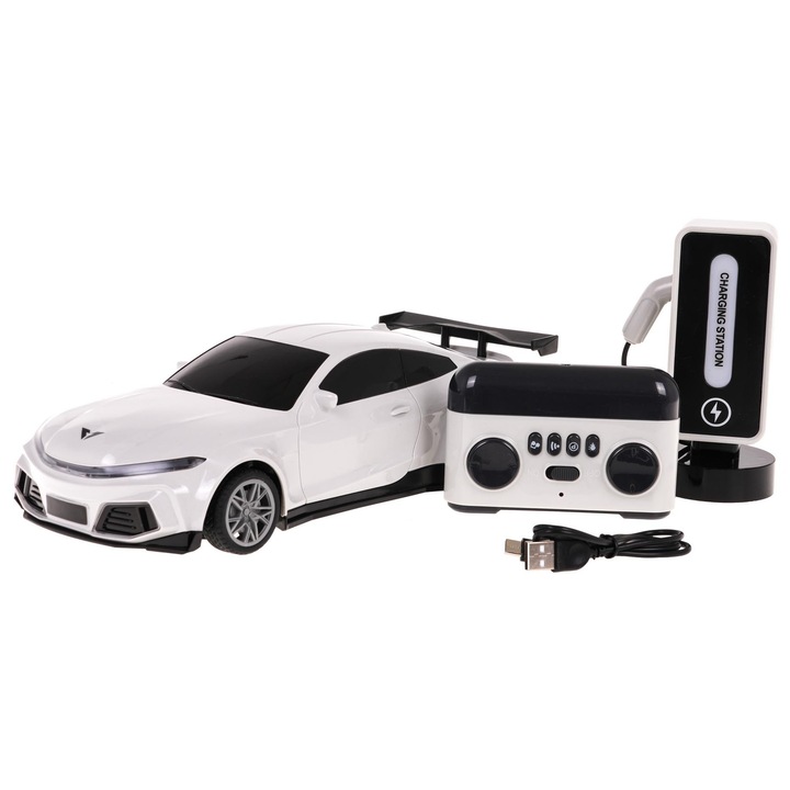 Masinuta electrica R/C RAMIZ, set cu statie de incarcare, caroserie rezistenta, lumini, alb, 27,5x12,5x7cm