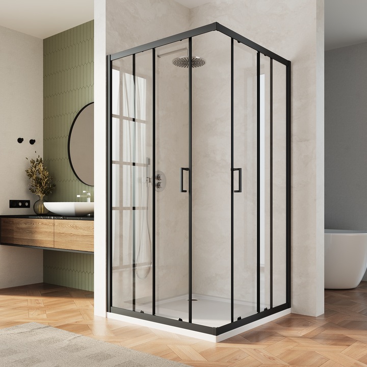 Cabina de dus cu usa culisanta dubla, SONNI, cadru negru mat, sticla securizata 5mm, 120x120x195 cm