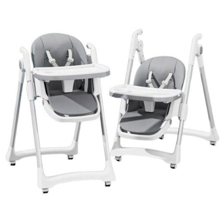 Scaun de masa pentru copii Little Mom grey, structura metalica triunghiulara, pliabil, cu spatarul si tavita ajustabile, husa detasabila, roti cu blocare