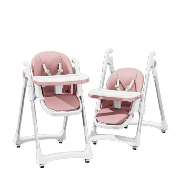 Scaun de masa pentru copii Little Mom pink, structura metalica triunghiulara, pliabil, cu spatarul si tavita ajustabile, husa detasabila, roti cu blocare
