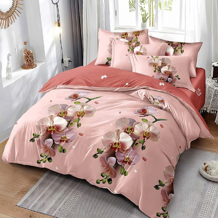 Ágynemű EmonaMall S16039, Kétoldalas, 4 párnahuzat, 6 részes, Világos rózsaszín
