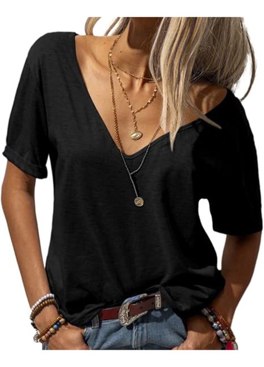 Tricou de dama modern, Imily Bela, cu guler adanc in V(10252), Negru inchis