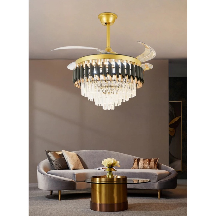 Candelabru LED RFAN, Cu Ventilator si Telecomanda, Cristal Si Metal, 72W, Negru/Auriu